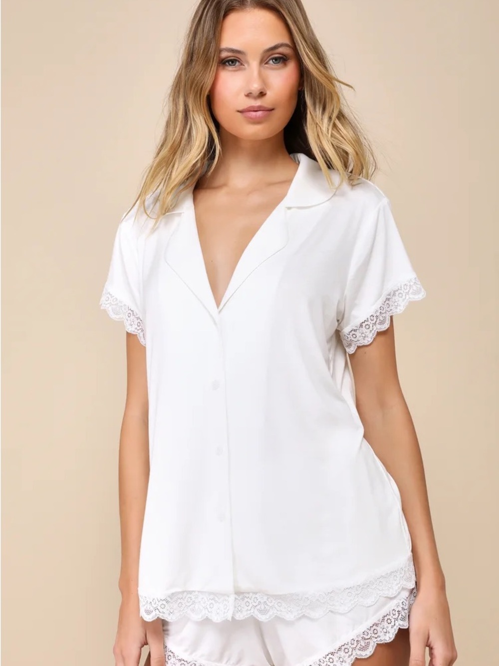 Lulu's White Lace-Trim Short Sleeve Pajama Top